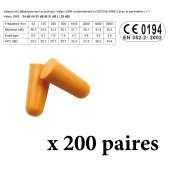 Bouchons d'oreilles SNR 38 dB : boite de 200 paires en sachets - SINGER Safety