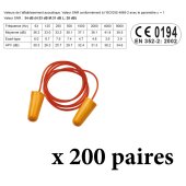 Bouchons d'oreilles avec cordon SNR 38 dB : boite de 200 paires en sachets - SINGER Safety