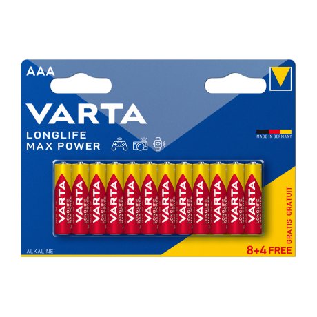 Piles alcalines LR03 (AAA) 1,5V Longlife Max Power (8+4 gratuites) - VARTA