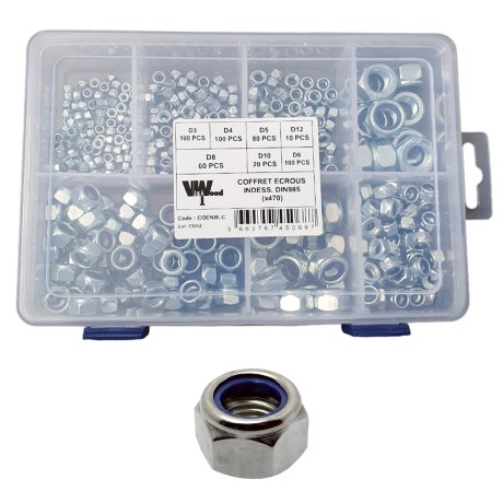 Coffret écrous frein indesserrable HI, acier zingué blanc, DIN 985, 470 pièces - VISWOOD