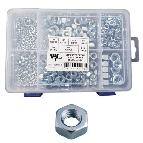 Coffret écrous hexagonaux HU 6 pans ZN, DIN 934, 530 pièces - VISWOOD