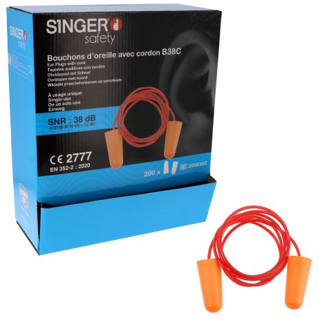 Bouchons d'oreilles avec cordon SNR 38 dB : boite de 200 paires en sachets - SINGER Safety