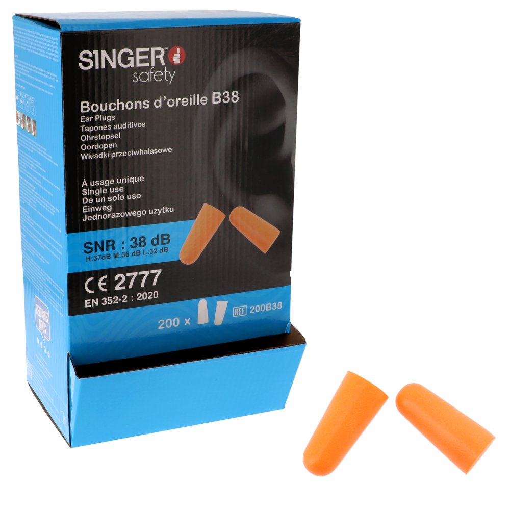 Bouchons D'oreilles Pu Orange Snr 38db - Boite De 200 Paires - Singer Freres - 200b38
