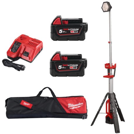Projecteur de chantier sur trépied LED M18™ avec 2 batteries 5 Ah et chargeur - MILWAUKEE