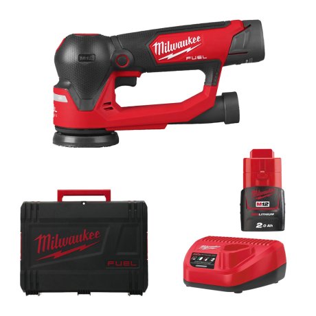 Ponceuse orbitale excentrique 75 mm M12 Fuel™ avec 2 batteries 2 Ah + chargeur + HD Box - MILWAUKEE