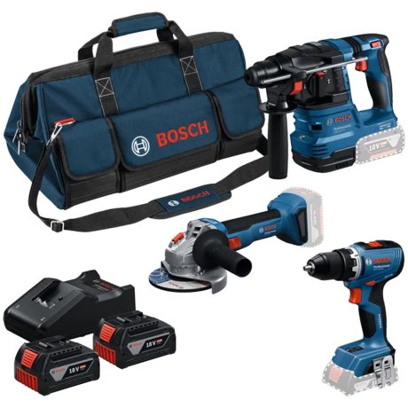 Set de 3 outils 18 V (GSR 18V-65 + GWS 18V-8 + GBH 18V-22) + 2 x 4 Ah + chargeur + sac - BOSCH