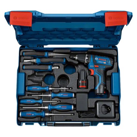 Perceuse-visseuse GSR 12V-15 avec 2 batteries 2 Ah + chargeur + 8 outils à main + L-Boxx - BOSCH