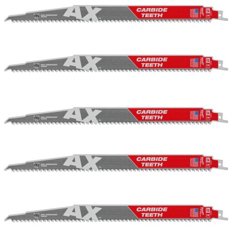 5 lames scie sabre de démolition AX™ carbure pour bois 300 mm x 5 TPI - MILWAUKEE