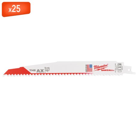 25 lames scie sabre de démolition AX™ bi-métal pour bois 230 mm x 5 TPI - MILWAUKEE