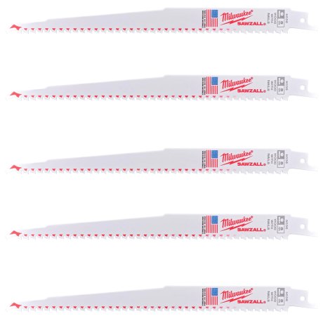 5 lames scie sabre de démolition Thin Kerf bi-métal pour bois 230 mm x 5 TPI - MILWAUKEE
