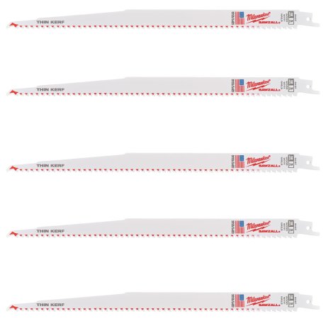 5 lames scie sabre de démolition Thin Kerf bi-métal pour bois 300 mm x 5 TPI - MILWAUKEE