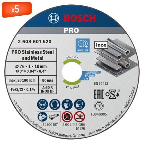Pack de 5 disques à tronçonner inox 76 x 1 x 10 mm - BOSCH