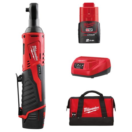 Clé à cliquet 3/8" M12 avec 2 batteries 2 Ah + chargeur + sac - MILWAUKEE