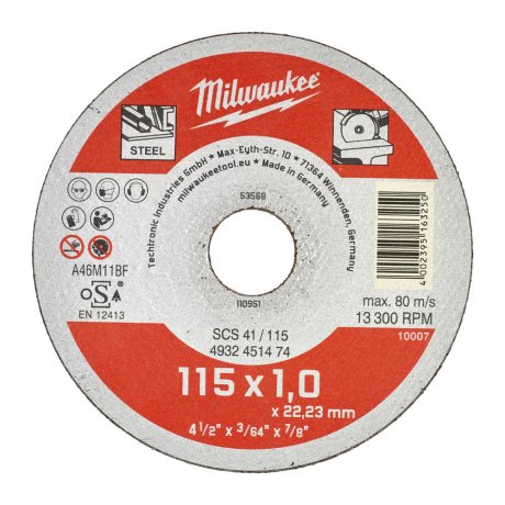 Disque à tronçonner métal fin Ø115 Contractor SCS 41/115 x 1 x 22 mm - x1 - MILWAUKEE