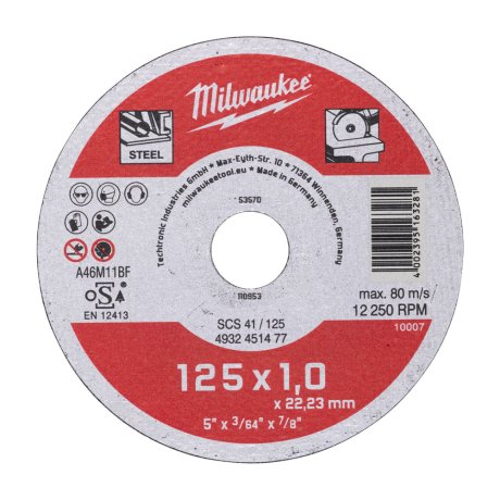 Disque à tronçonner métal fin Ø125 SCS 41/125 x 1 x 22 mm - x1 - MILWAUKEE