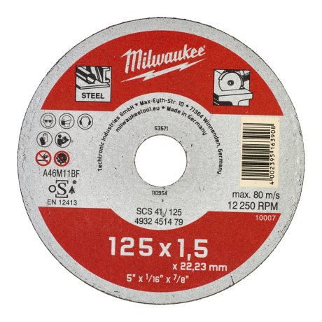 Disque à tronçonner métal fin Ø125 SCS 41/125 x 1,5 x 22 mm - x1 - MILWAUKEE