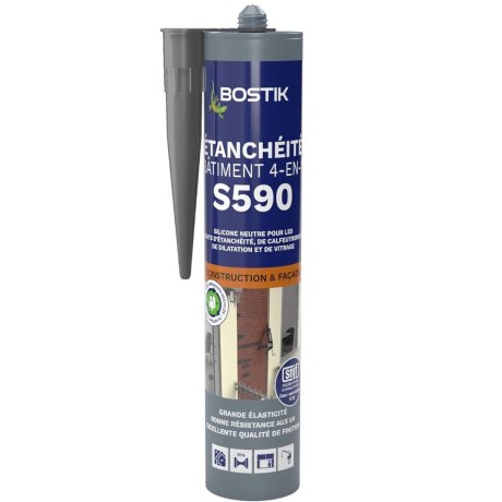 Mastic silicone neutre S590 Étanchéité Bâtiment 4 en 1, noir 300 ml - BOSTIK