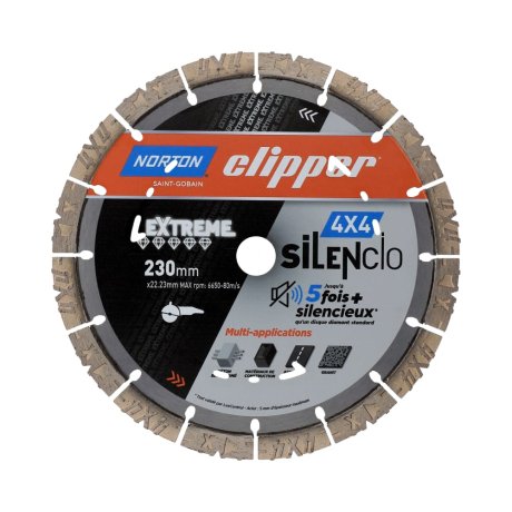 Disque-diamant-Clipper-4x4-Silencio-230-x-22-23-mm-hauteur-segment-13-mm-NORTON-CLIPPER