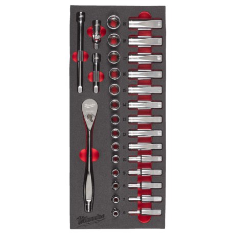 Module mousse cliquet et douilles 3/8″, 32 pièces - MILWAUKEE